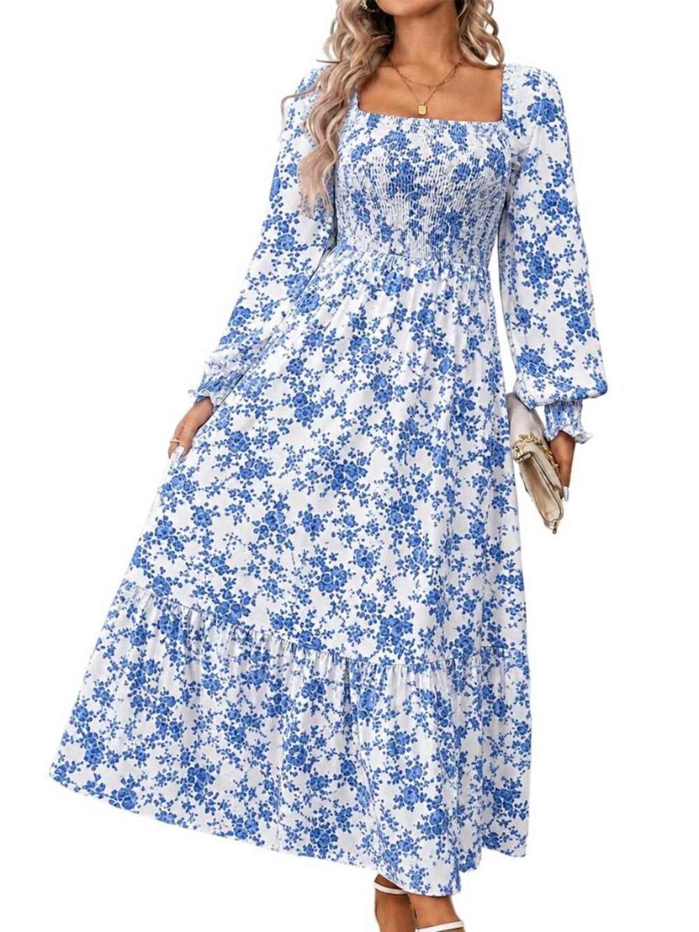 Women Spring Square Neck Long Sleeve Floral Maxi Dress